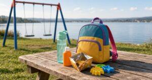 Rucksack und Utensilien auf einem Tisch am menschenleeren Spielplatz mit See im Hintergrund.