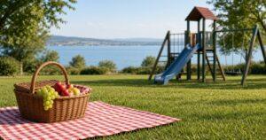 Picknickdecke und Korb auf einer Wiese neben einem leeren Spielplatz am Bodensee.